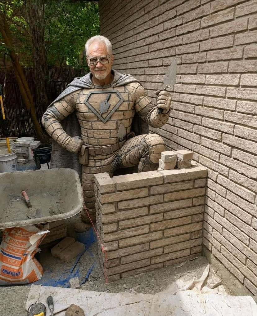 Marty Vandenberg on site with masonry tools and brickwork